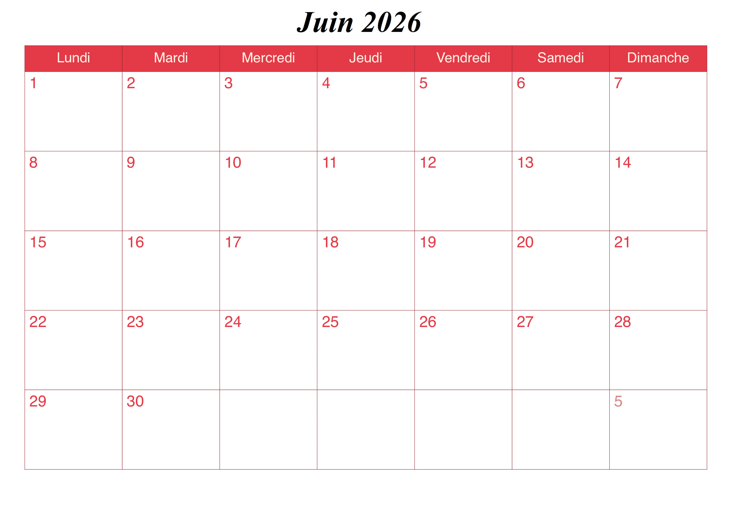 Juin 2026 Calendrier