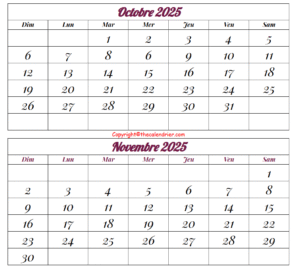 Calendrier Mois Octobre Novembre 2025 a Imprimer