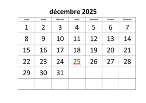 Calendrier Décembre 2025 PDF