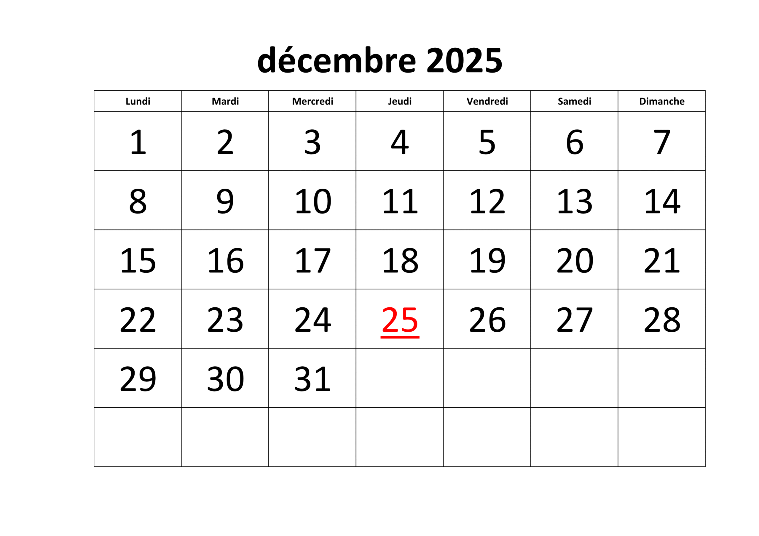 Calendrier Décembre 2025 PDF