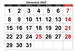 Calendrier Décembre 2025 à Imprimable