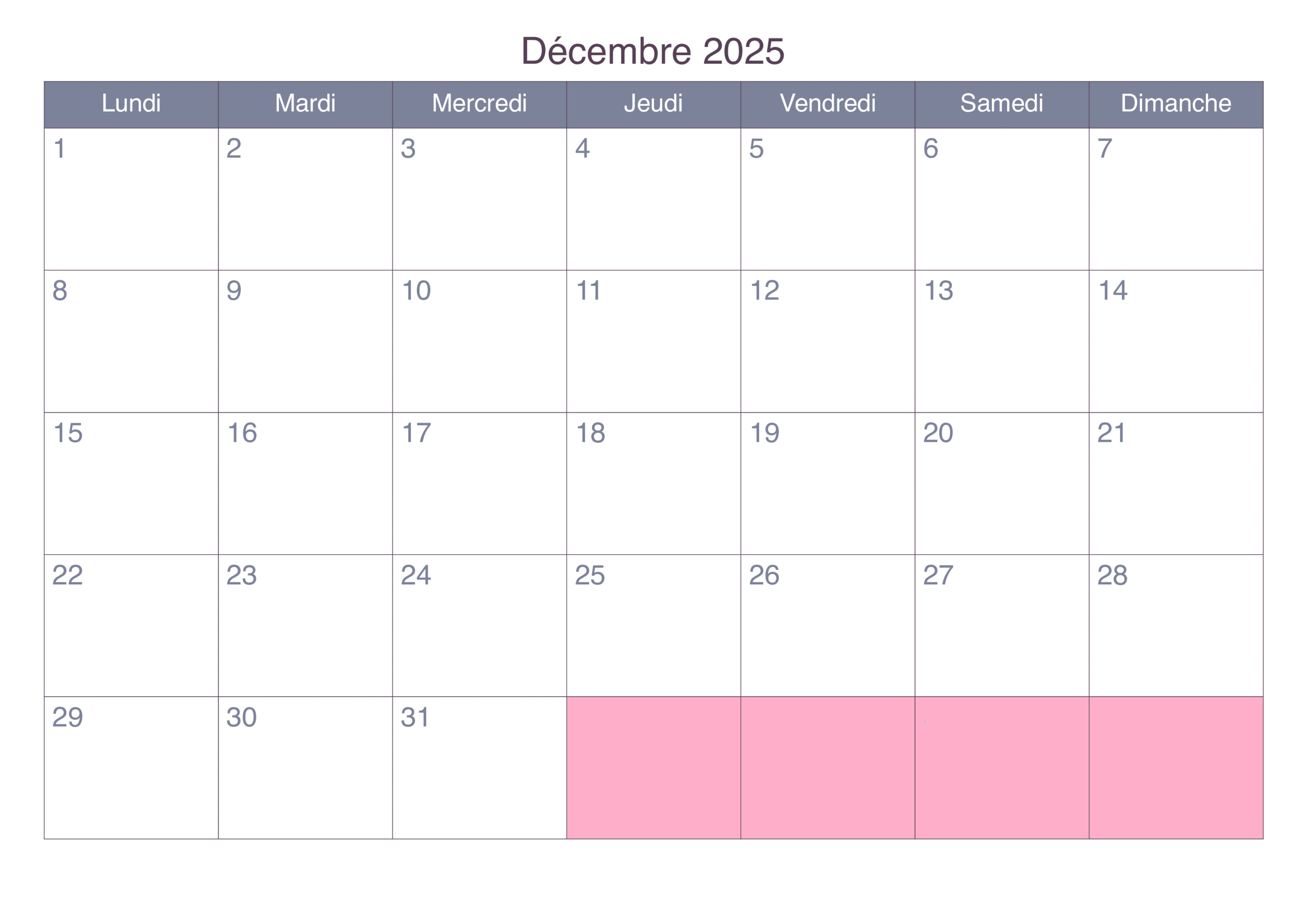 Calendrier Décembre 2025