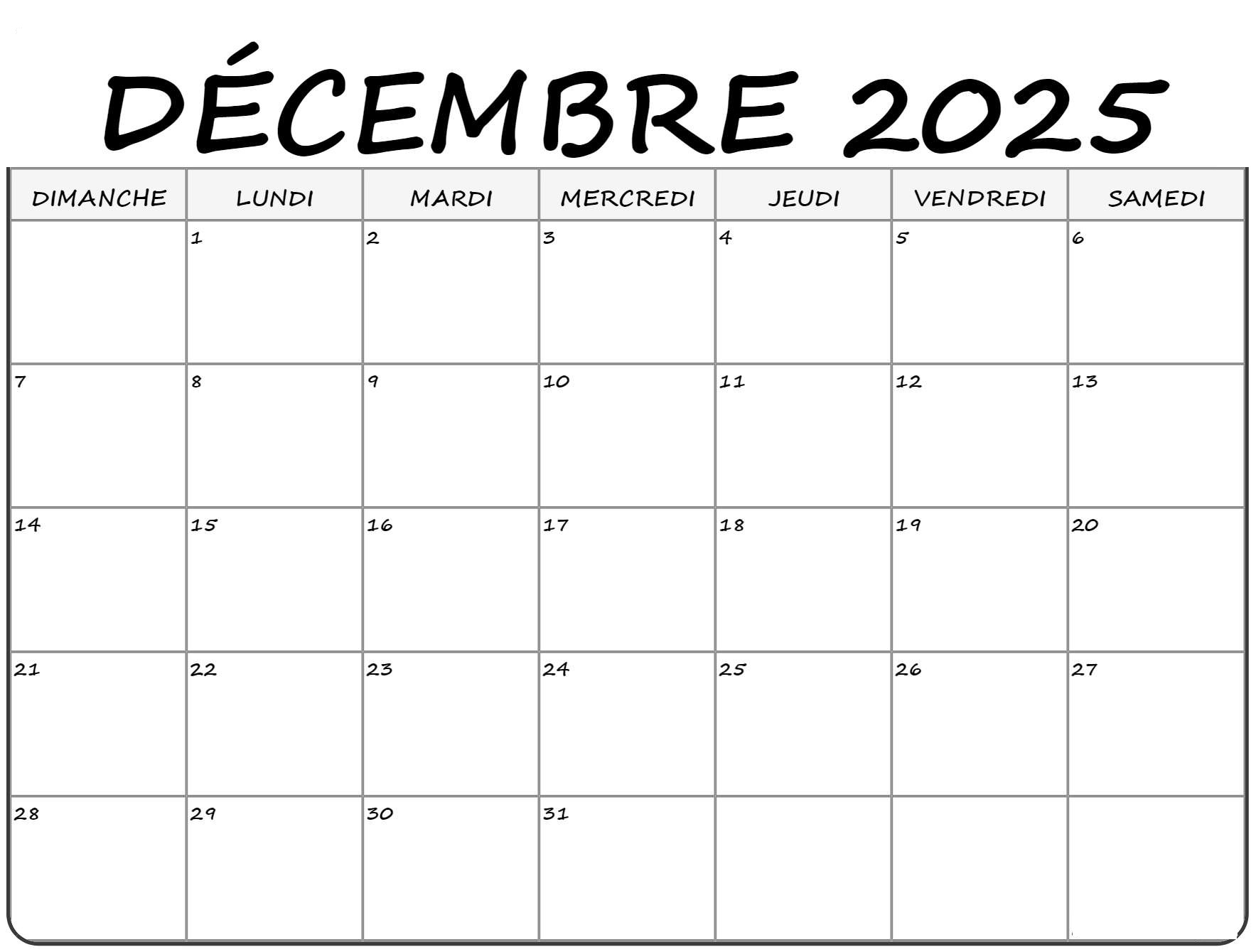 Calendrier Imprimable de Décembre 2025