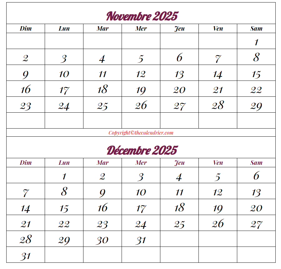 Calendrier Mois Novembre Décembre 2025 a Imprimer