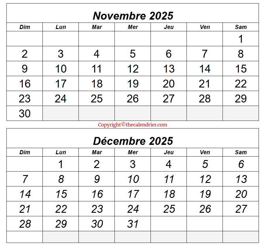 Calendrier Novembre Décembre 2025 à imprimer