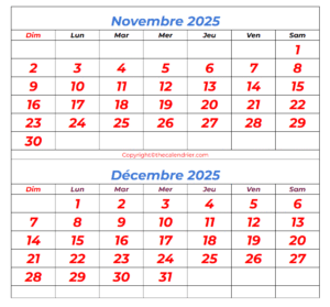 Calendrier Novembre et Décembre 2025