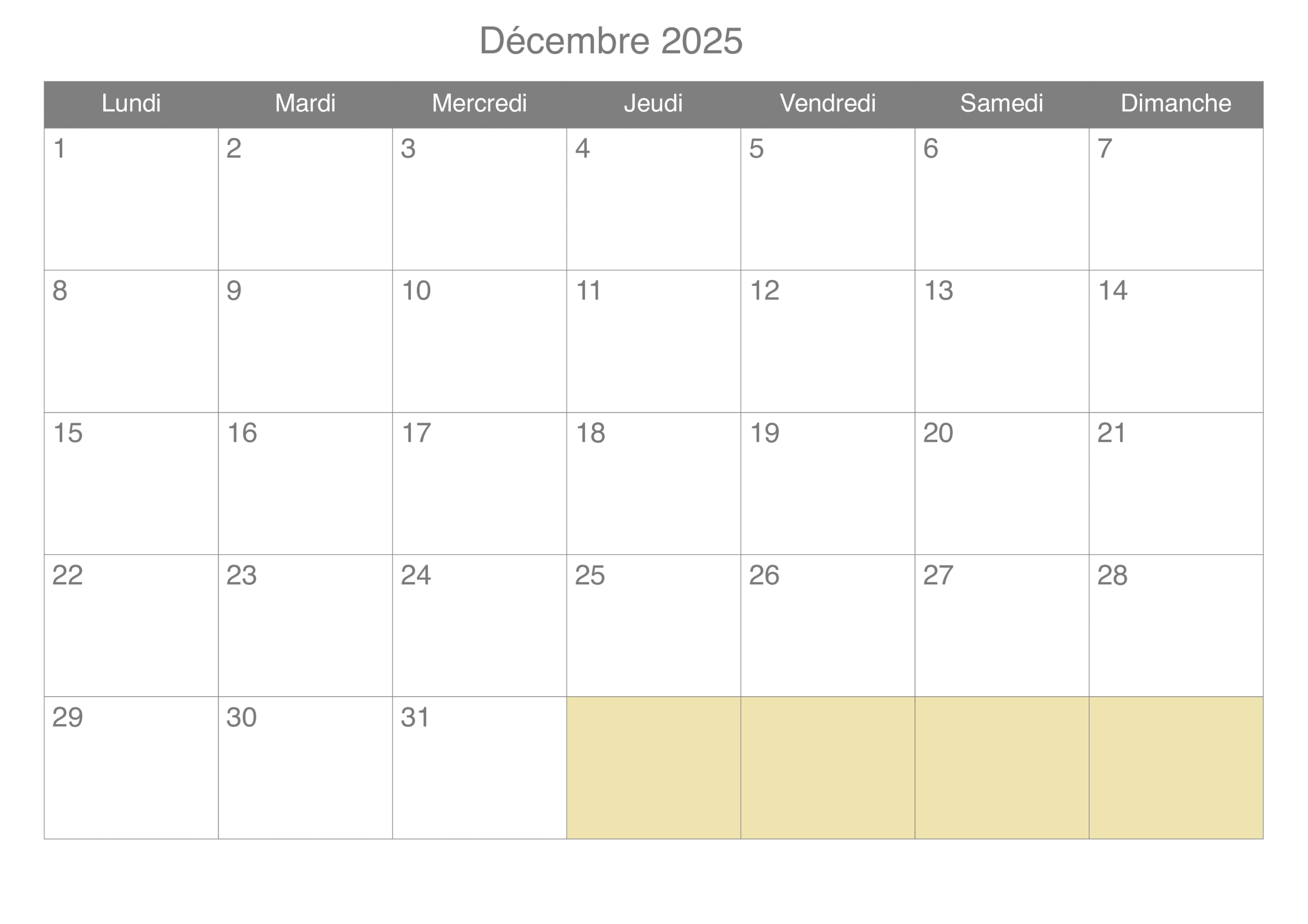 Décembre 2025 Calendrier