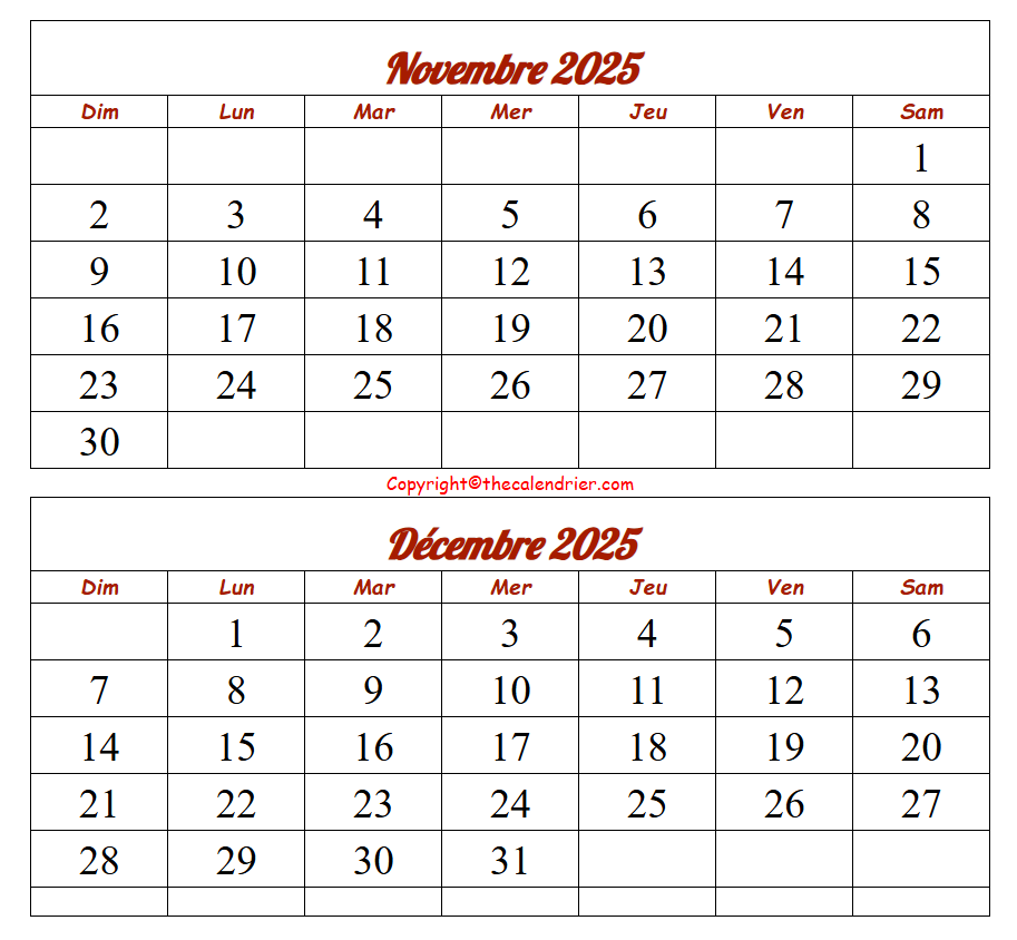 Novembre Décembre 2025 Calendrier