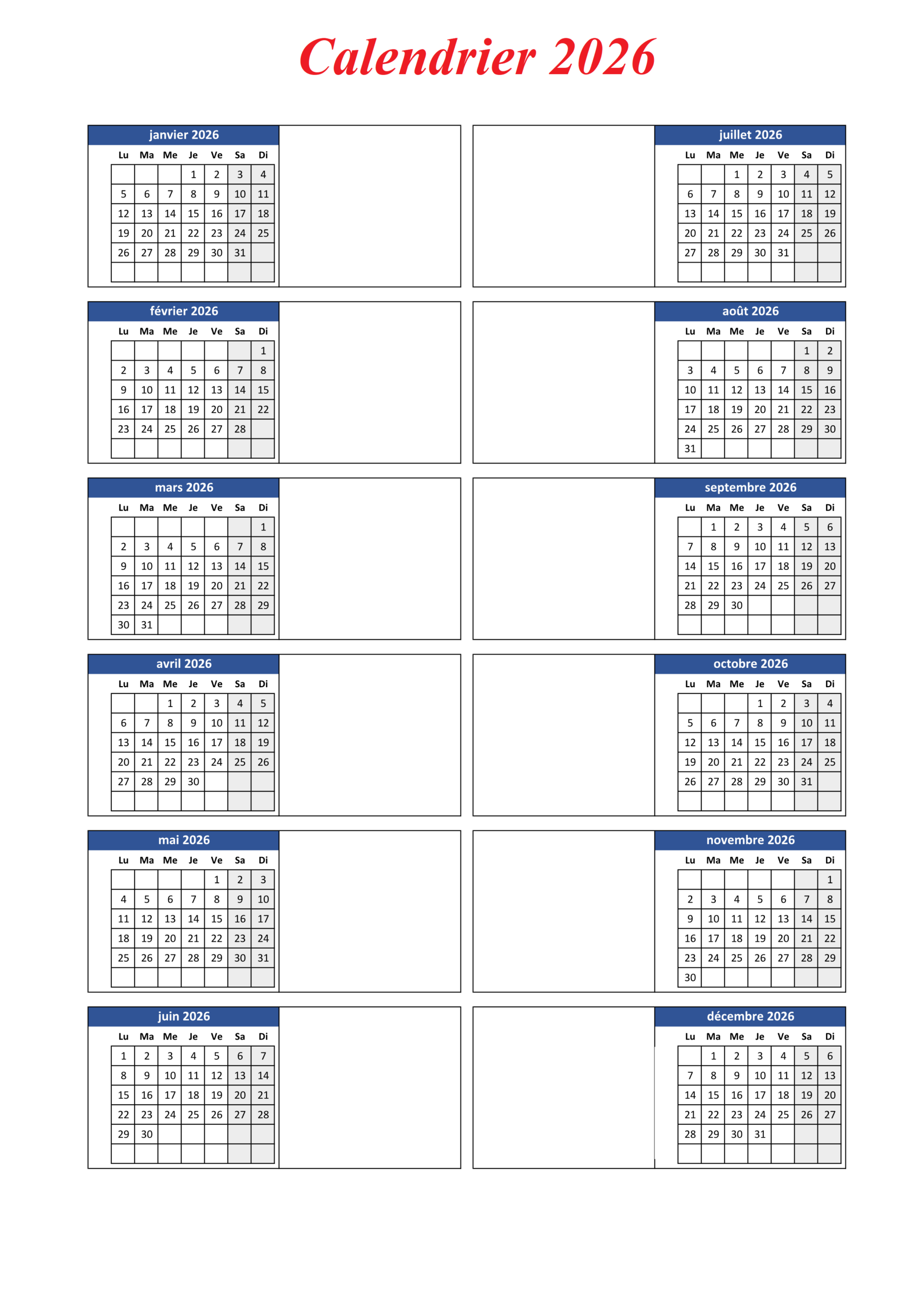 Calendrier 2026 Excel