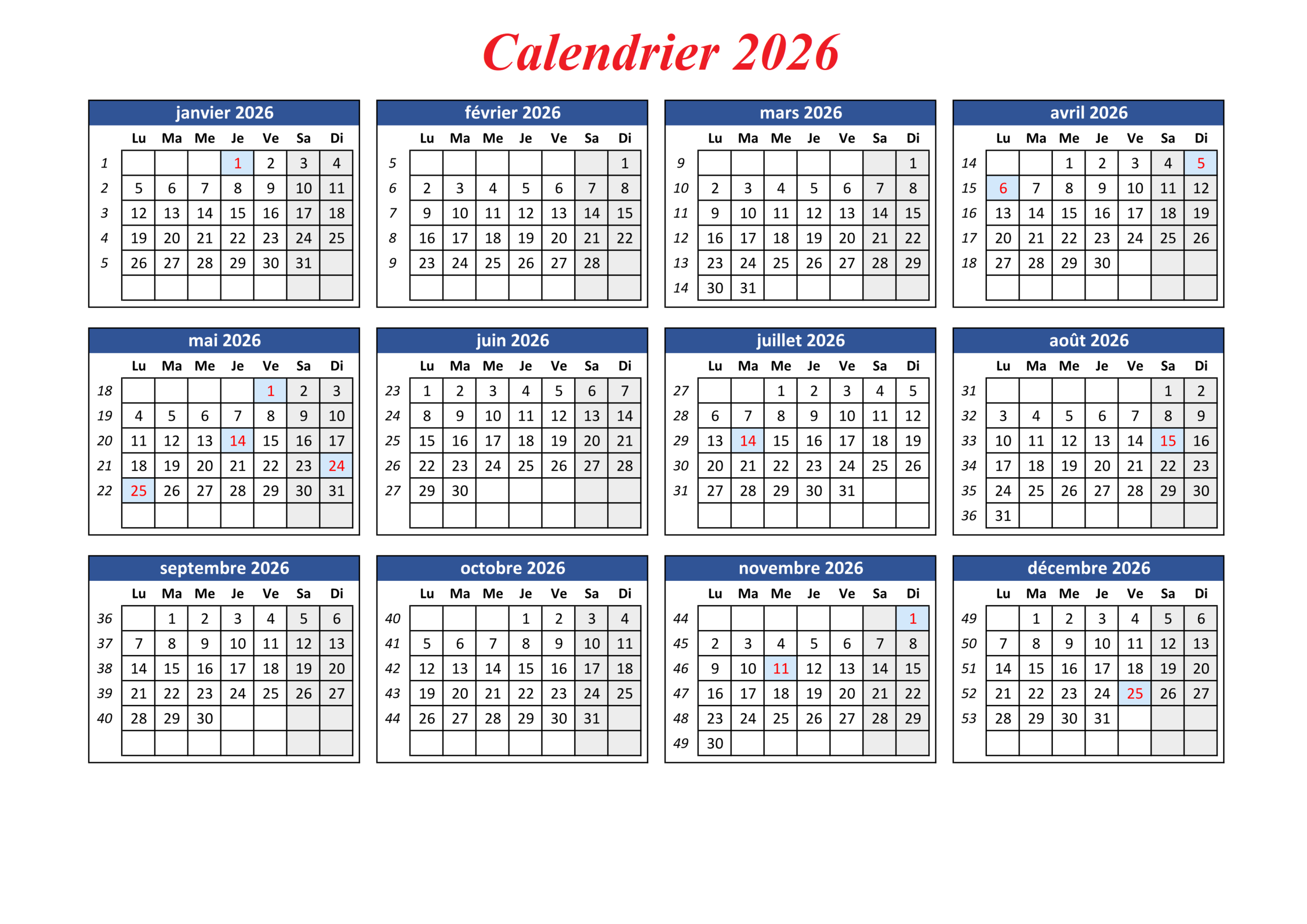 Calendrier 2026 Imprimable