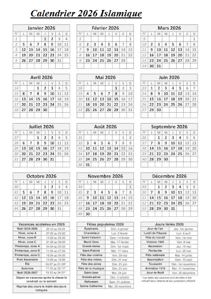 Calendrier 2026 Islamique