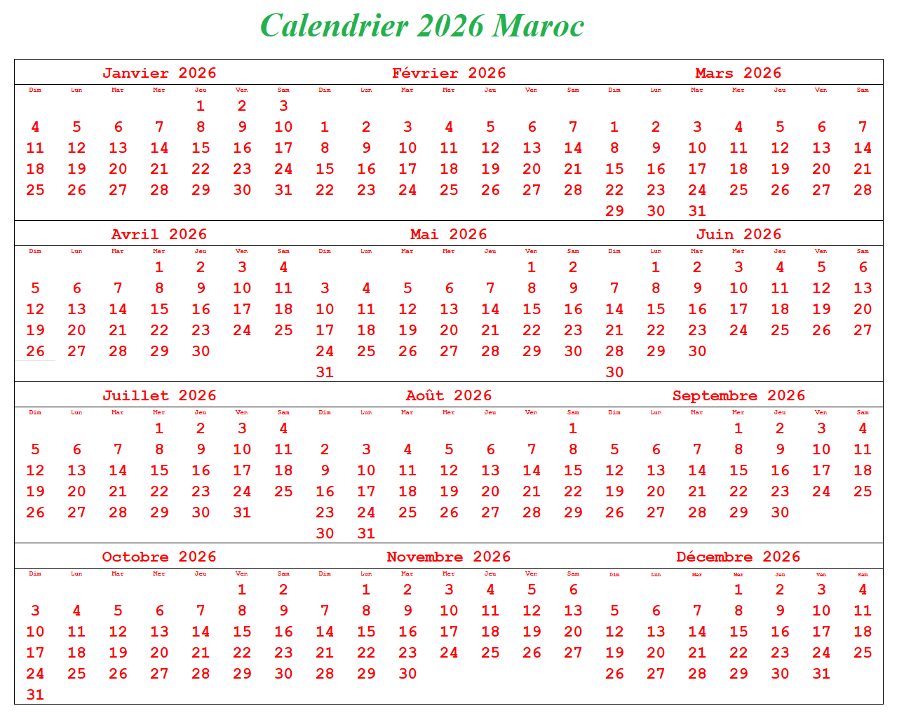 Calendrier 2026 Maroc PDF