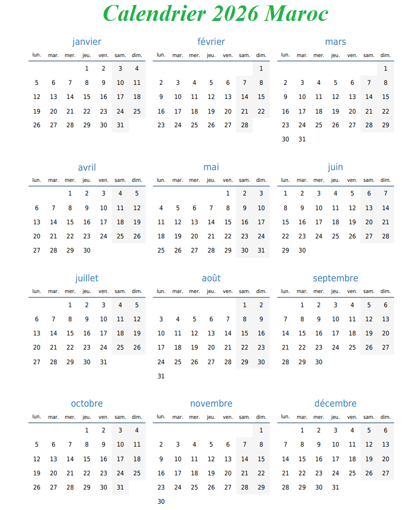 Calendrier 2026 Maroc