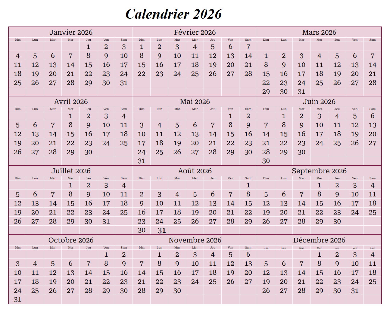 Calendrier 2026 PDF