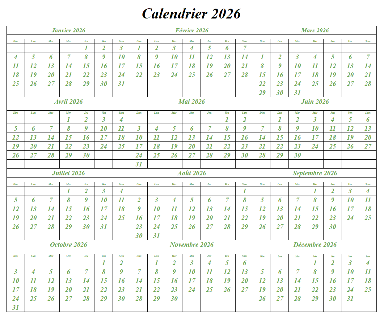 Calendrier 2026