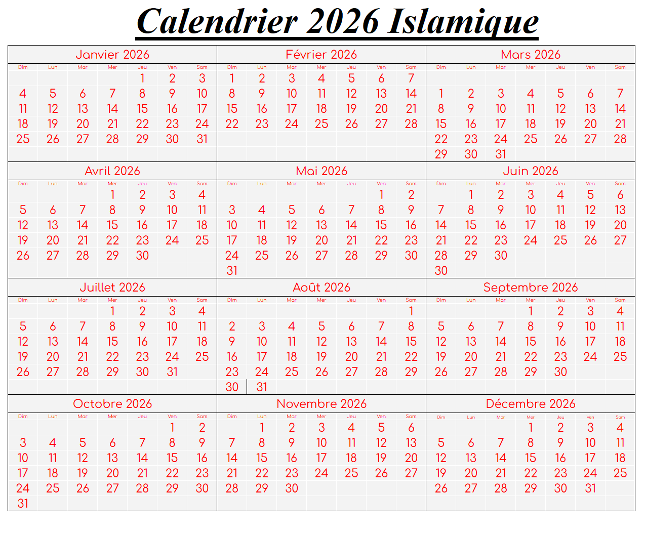 Calendrier Arabe 2026
