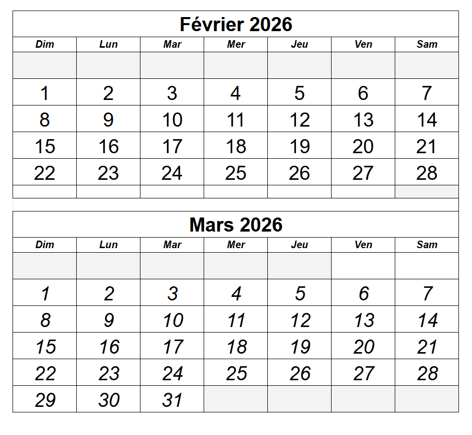Calendrier Février Mars 2026 à imprimer