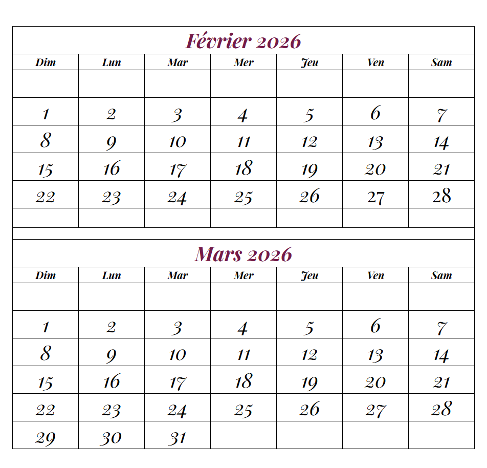 Calendrier Février Mars 2026