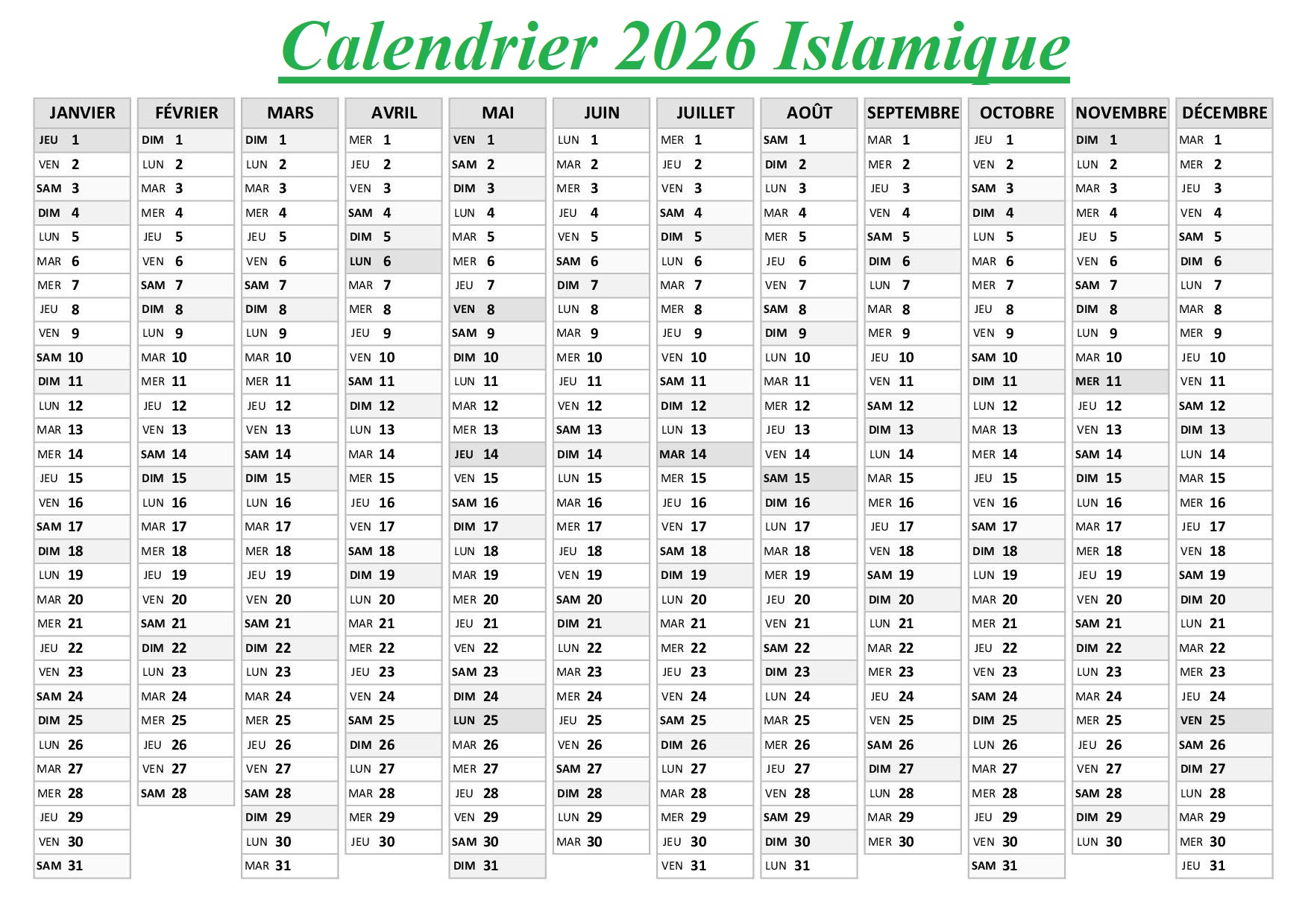 Calendrier Hijri 2026
