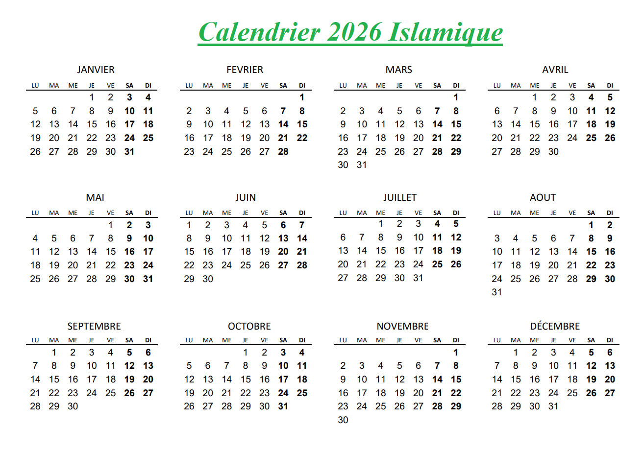 Calendrier Islamique 2026 PDF