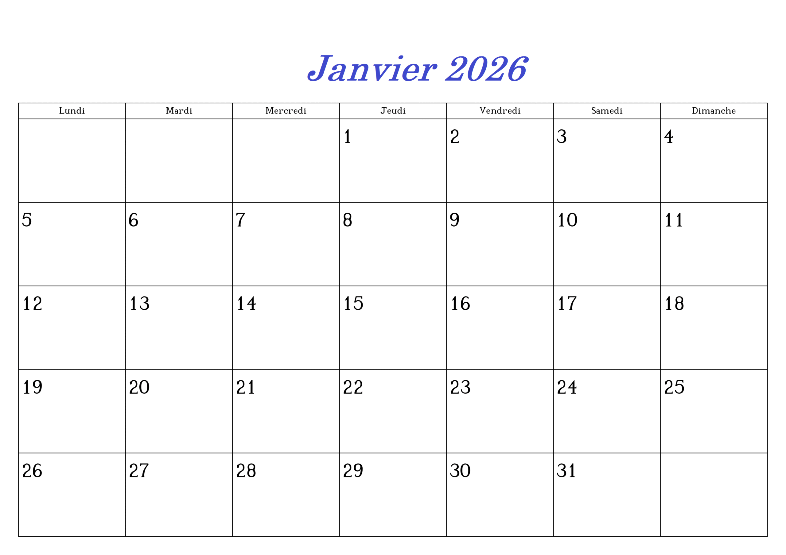 Calendrier Janvier 2026 Imprimable