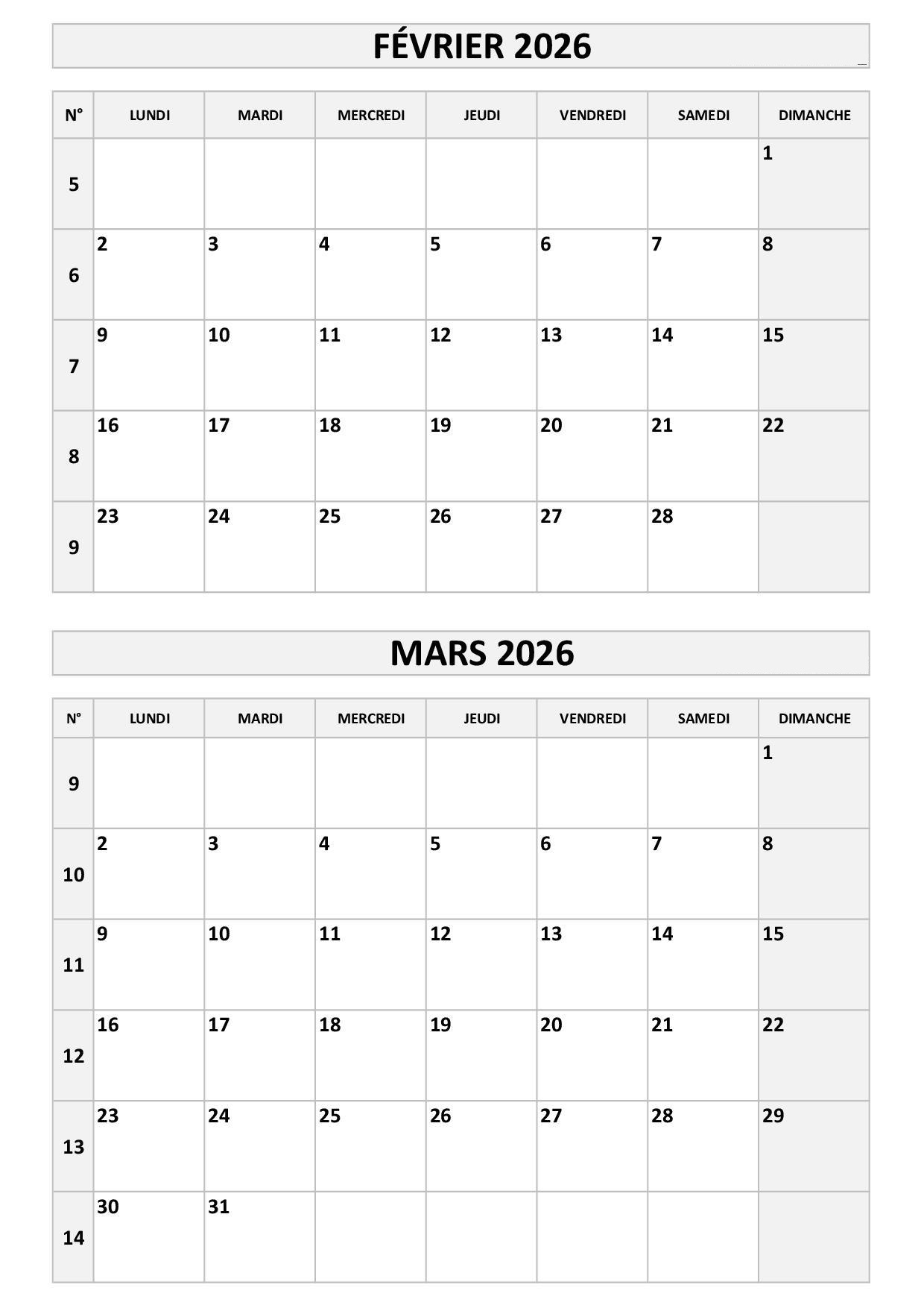 Calendrier Janvier Février 2026