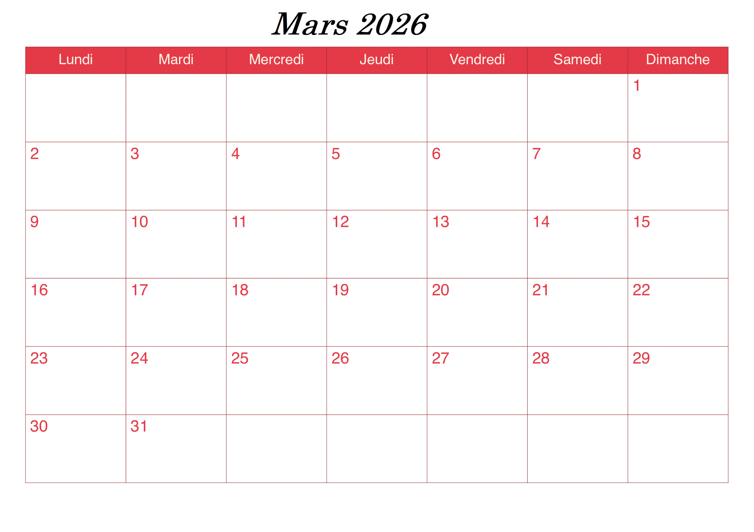 Calendrier Mars 2026 PDF