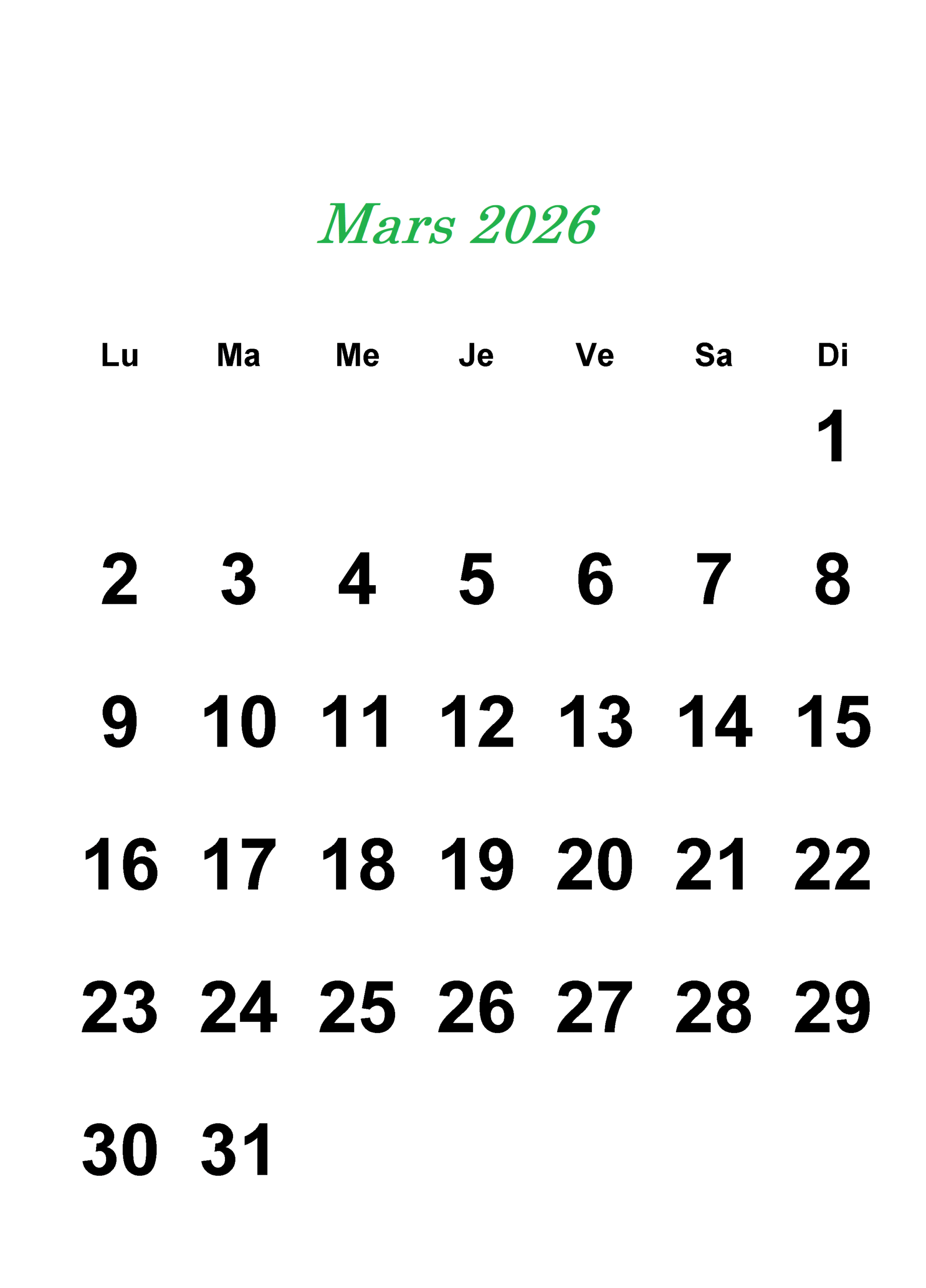 Calendrier Mars 2026 à Imprimable