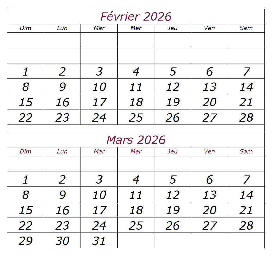 Calendrier Mois Février Mars 2026 a Imprimer