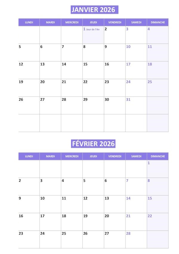 Calendrier Mois Janvier Février 2026 a Imprimer