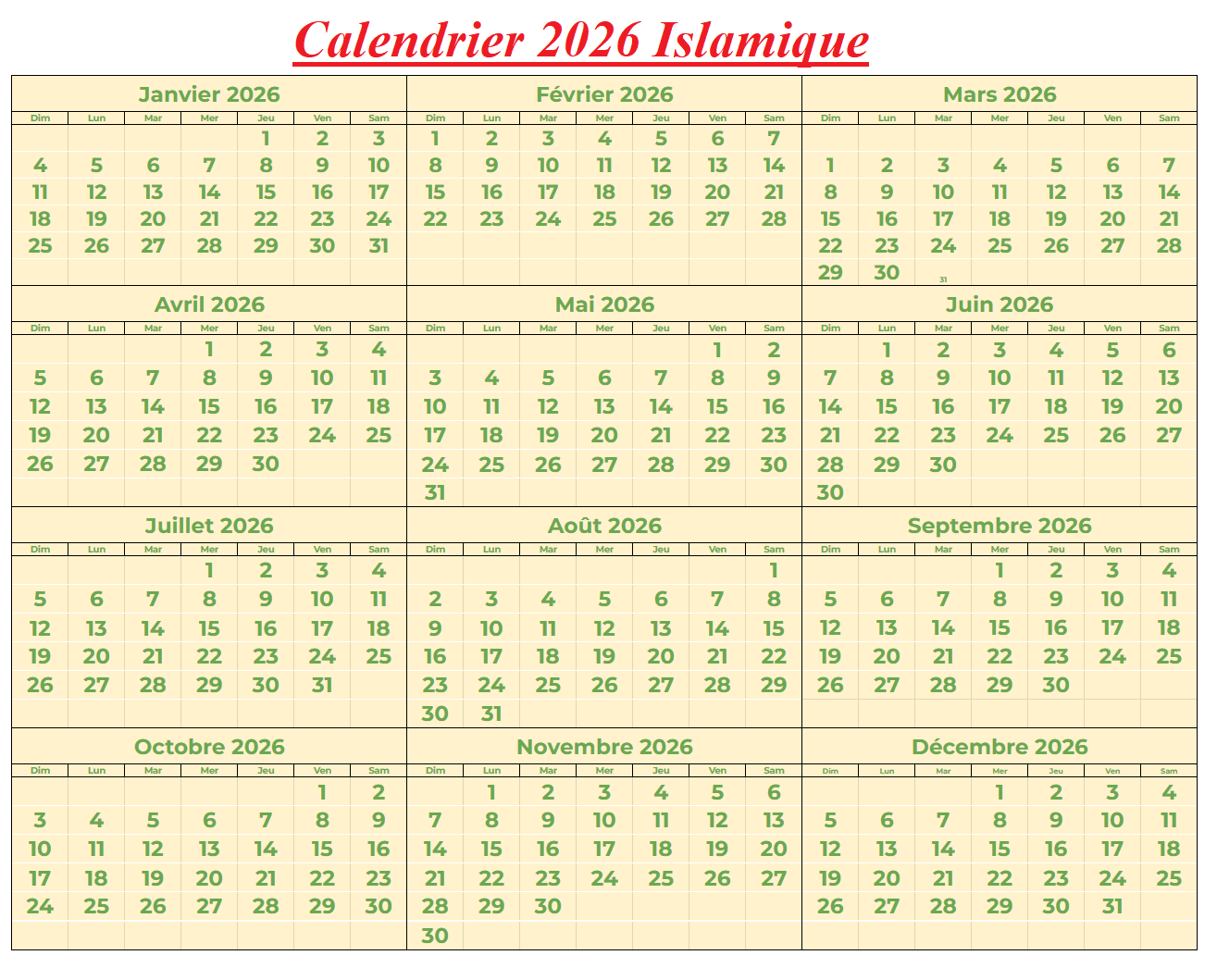 Calendrier Musulman 2026