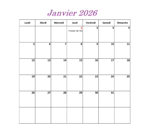 Calendrier imprimable de Janvier 2026