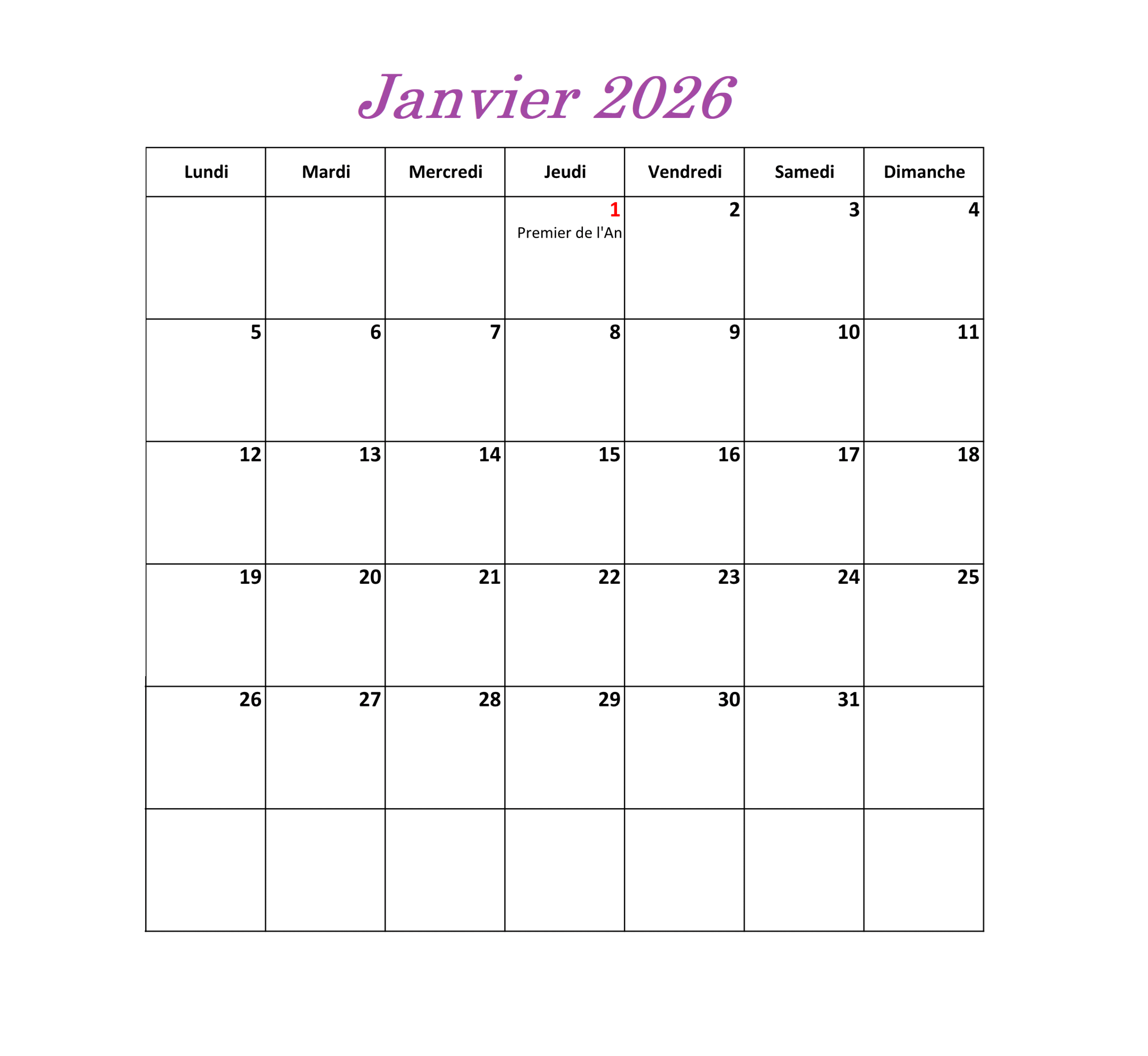 Calendrier imprimable de Janvier 2026