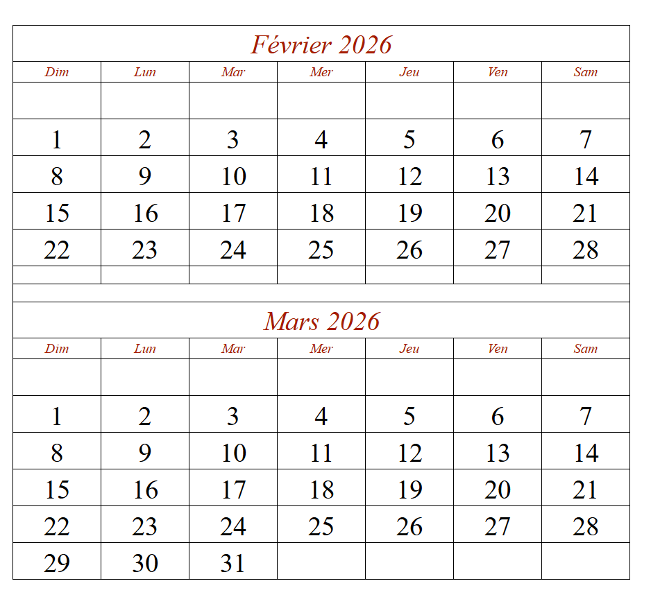 Février Mars 2026 Calendrier