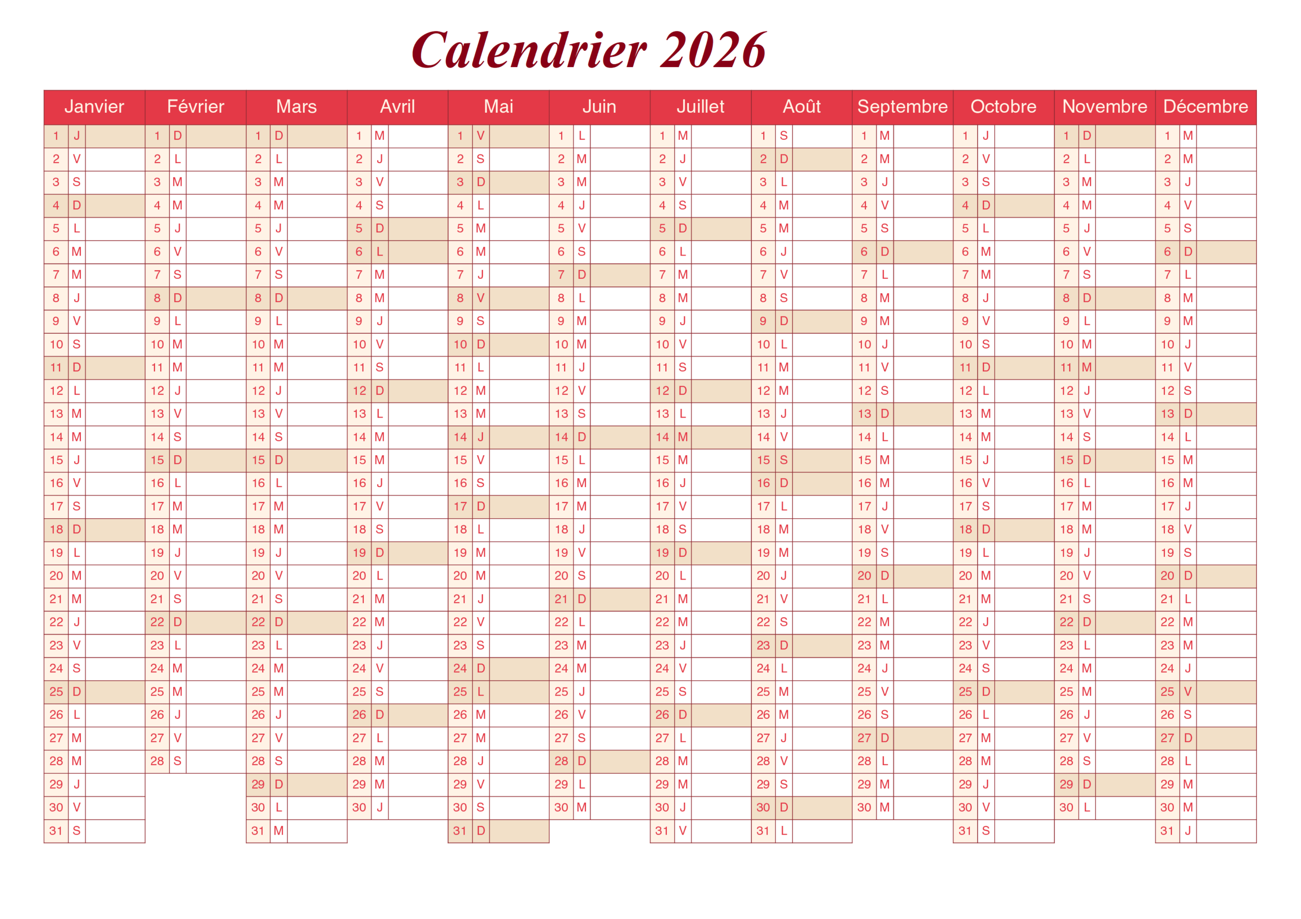 Imprimable 2026 Calendrier