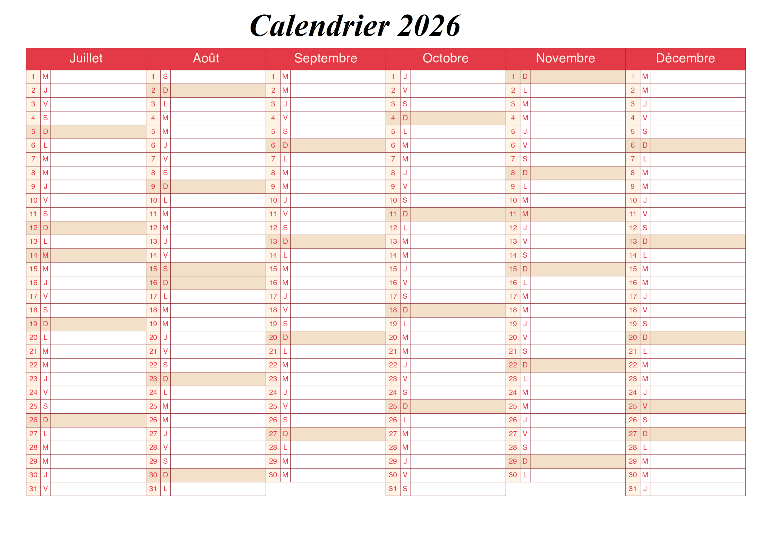 Imprimable Calendrier 2026