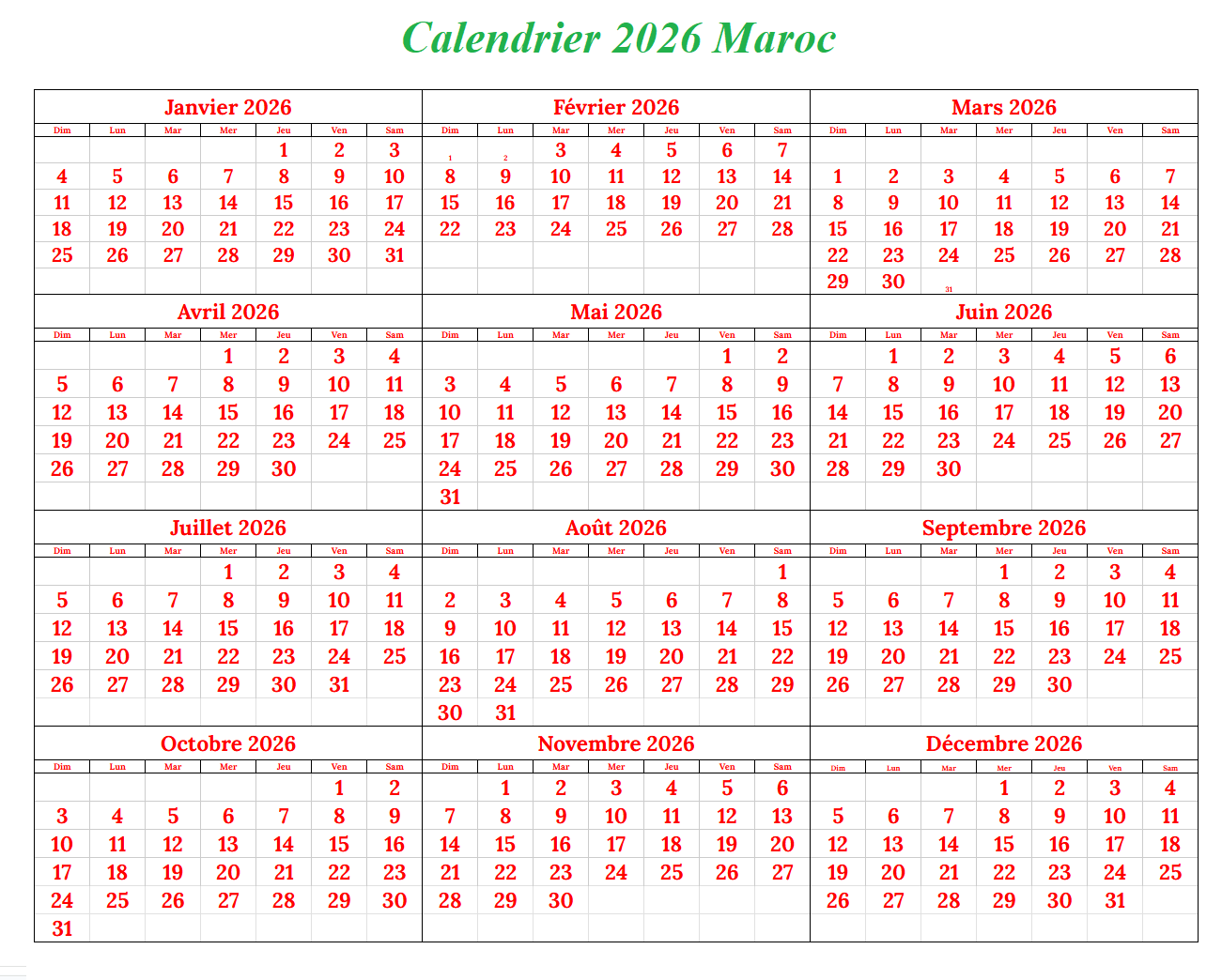 Maroc 2026 Calendrier