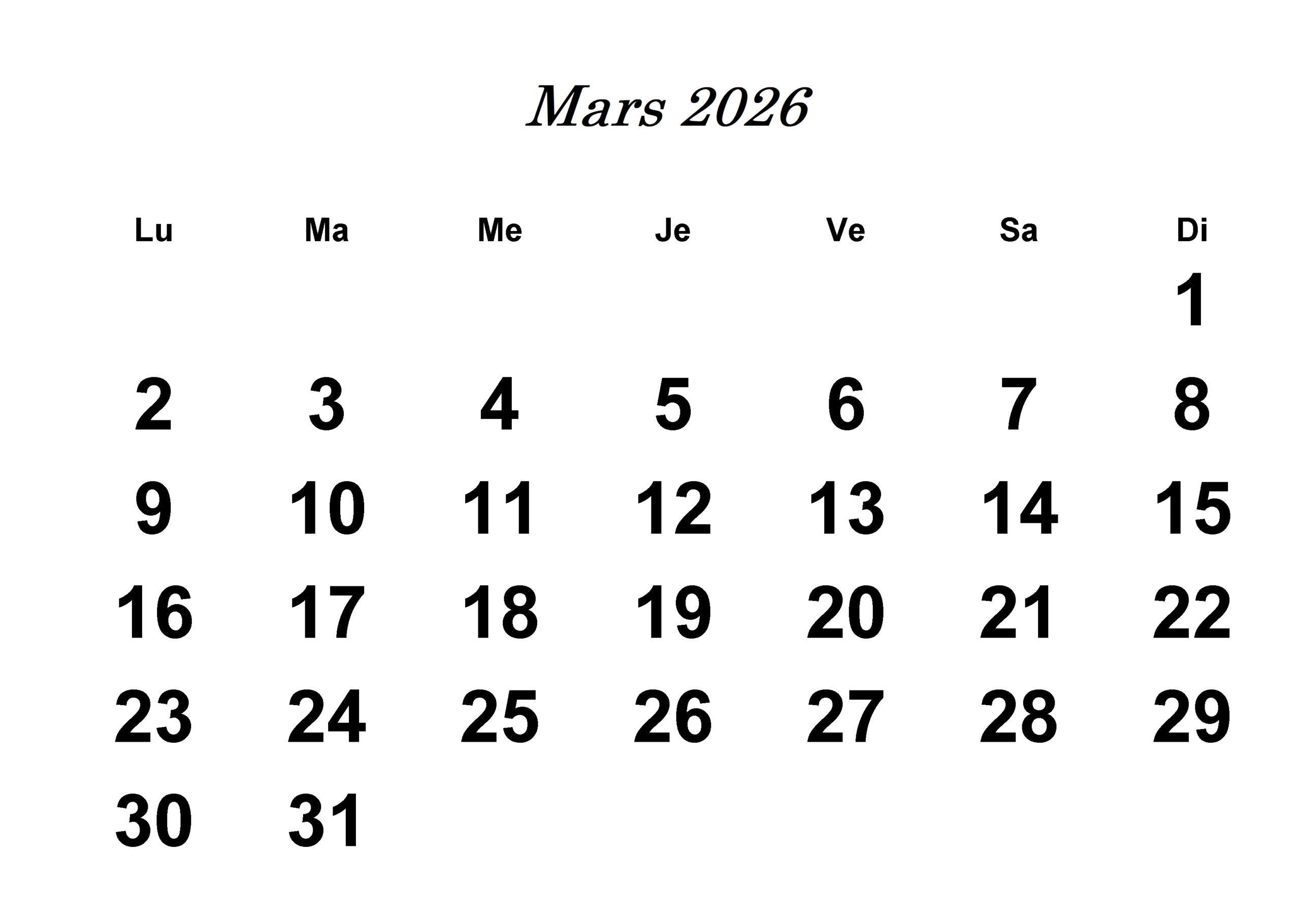 Mars 2026 Calendrier