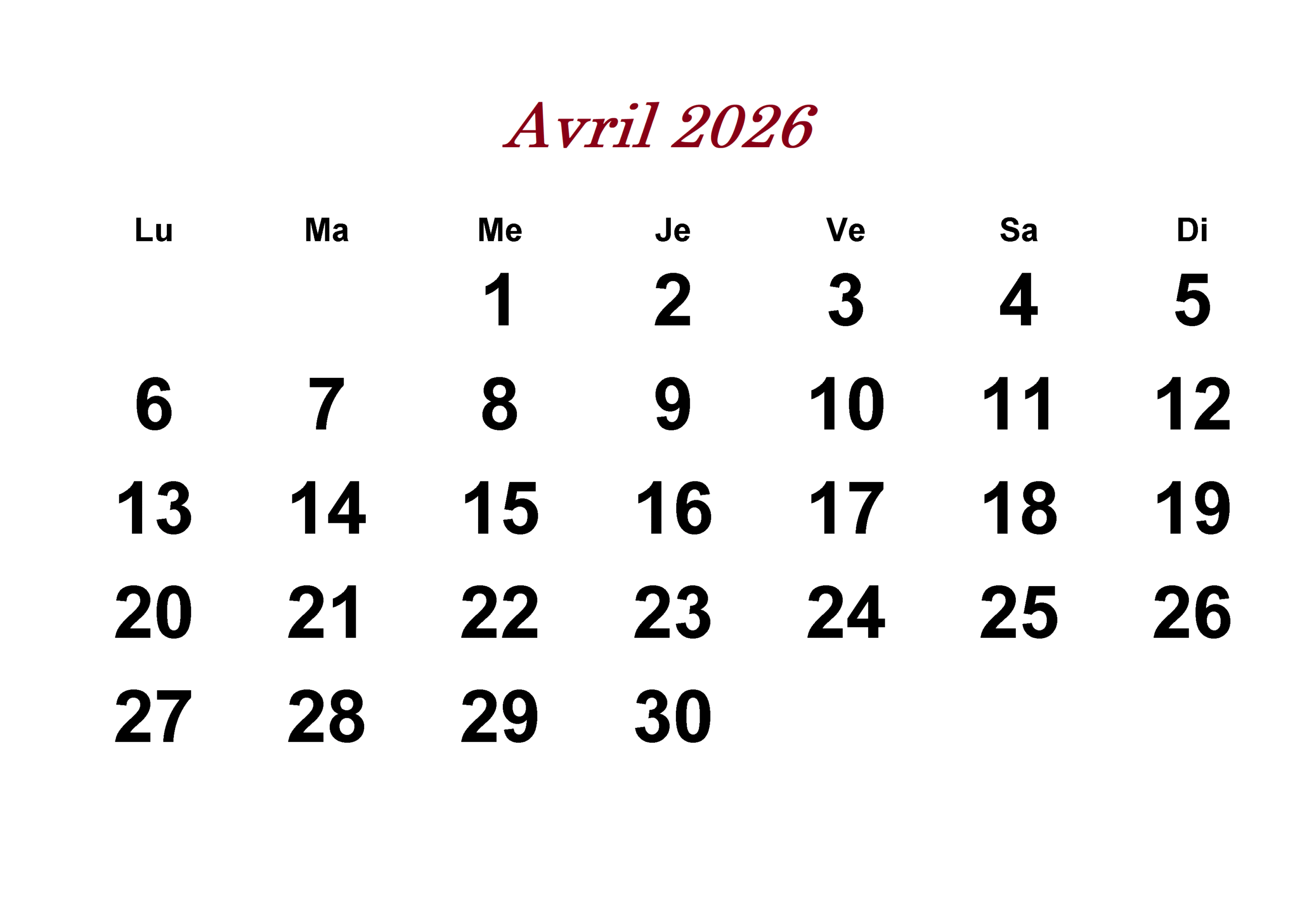 Avril 2026 Calendrier