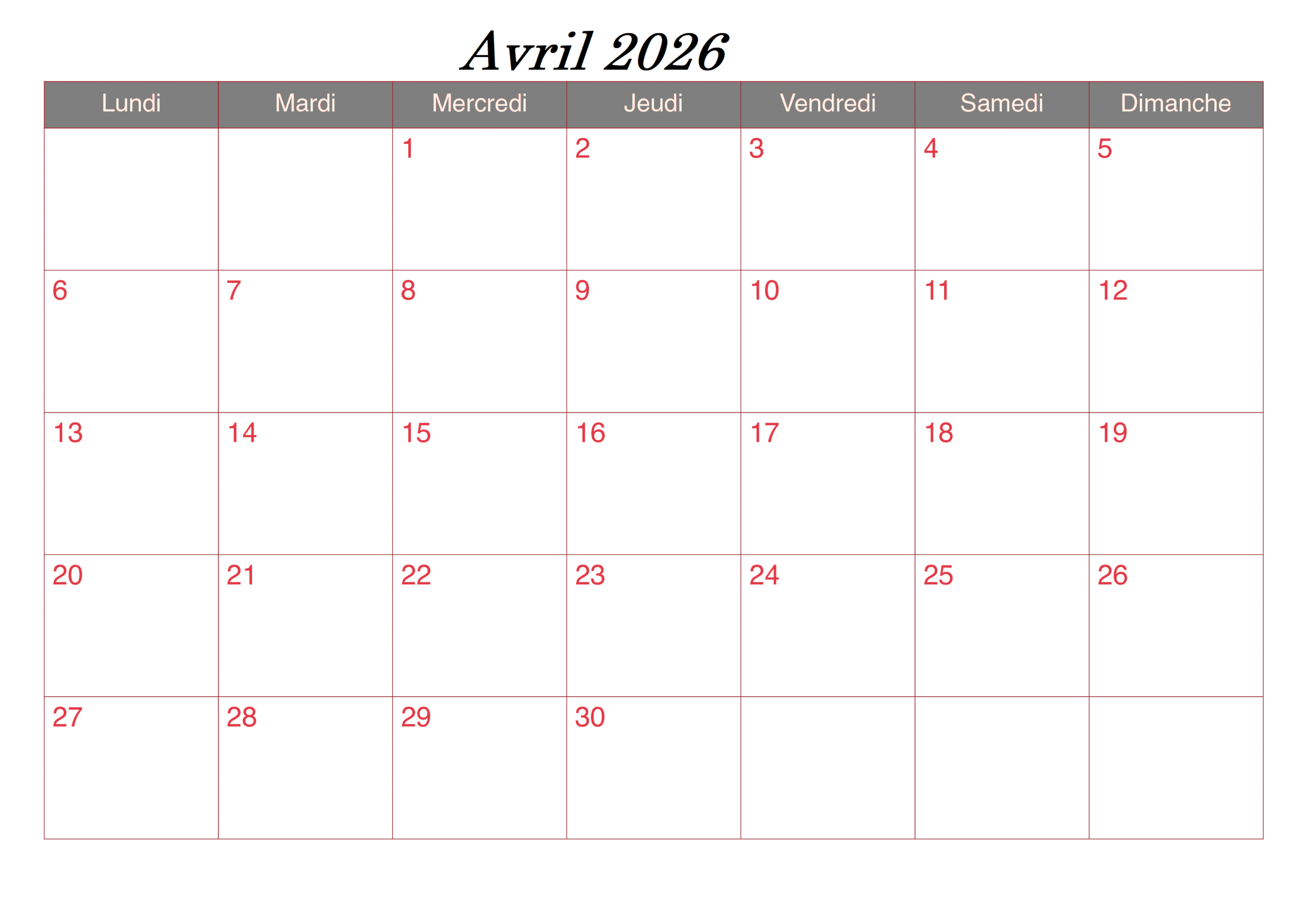 Calendrier Avril 2026 PDF
