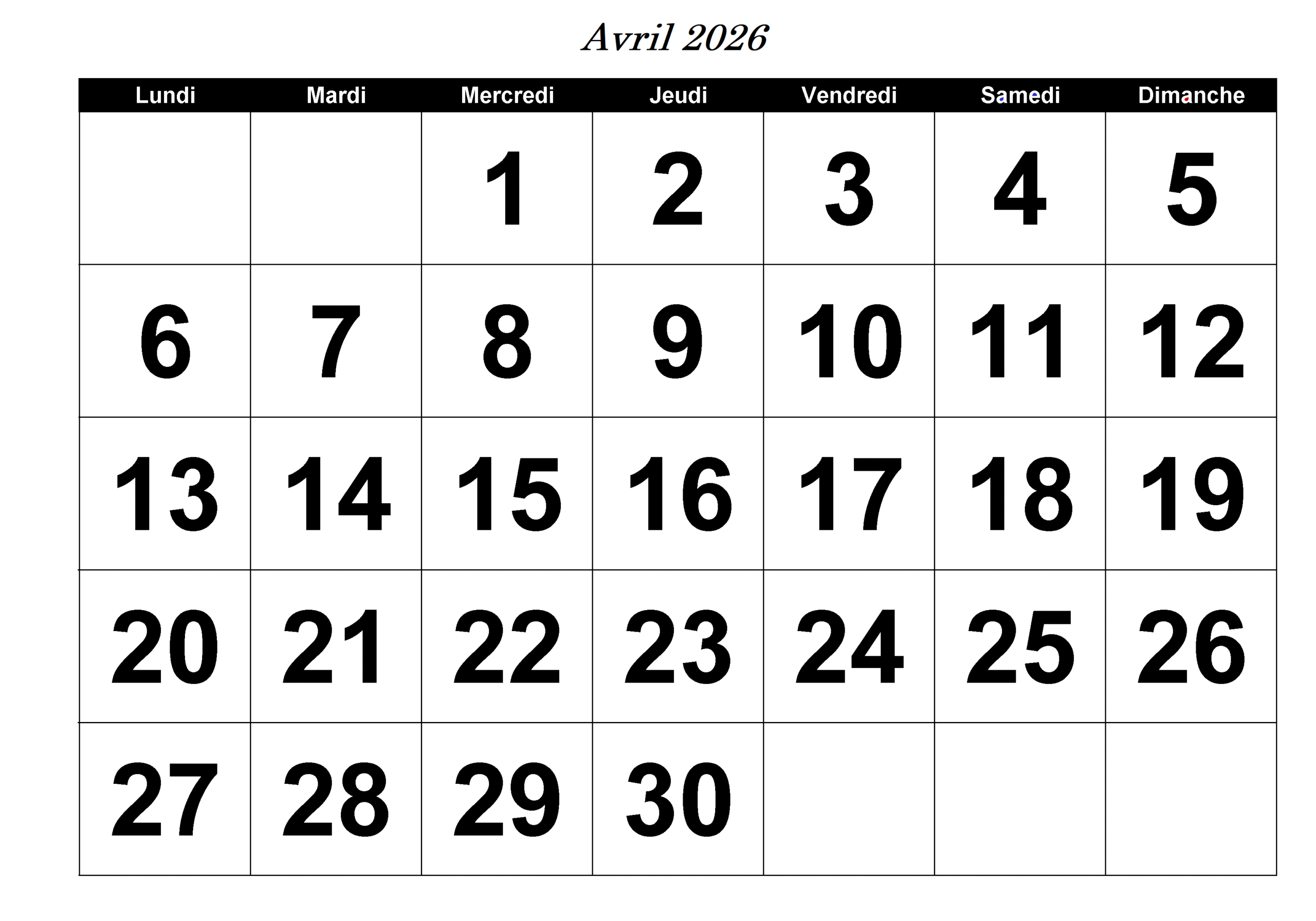 Calendrier Avril 2026 à Imprimable