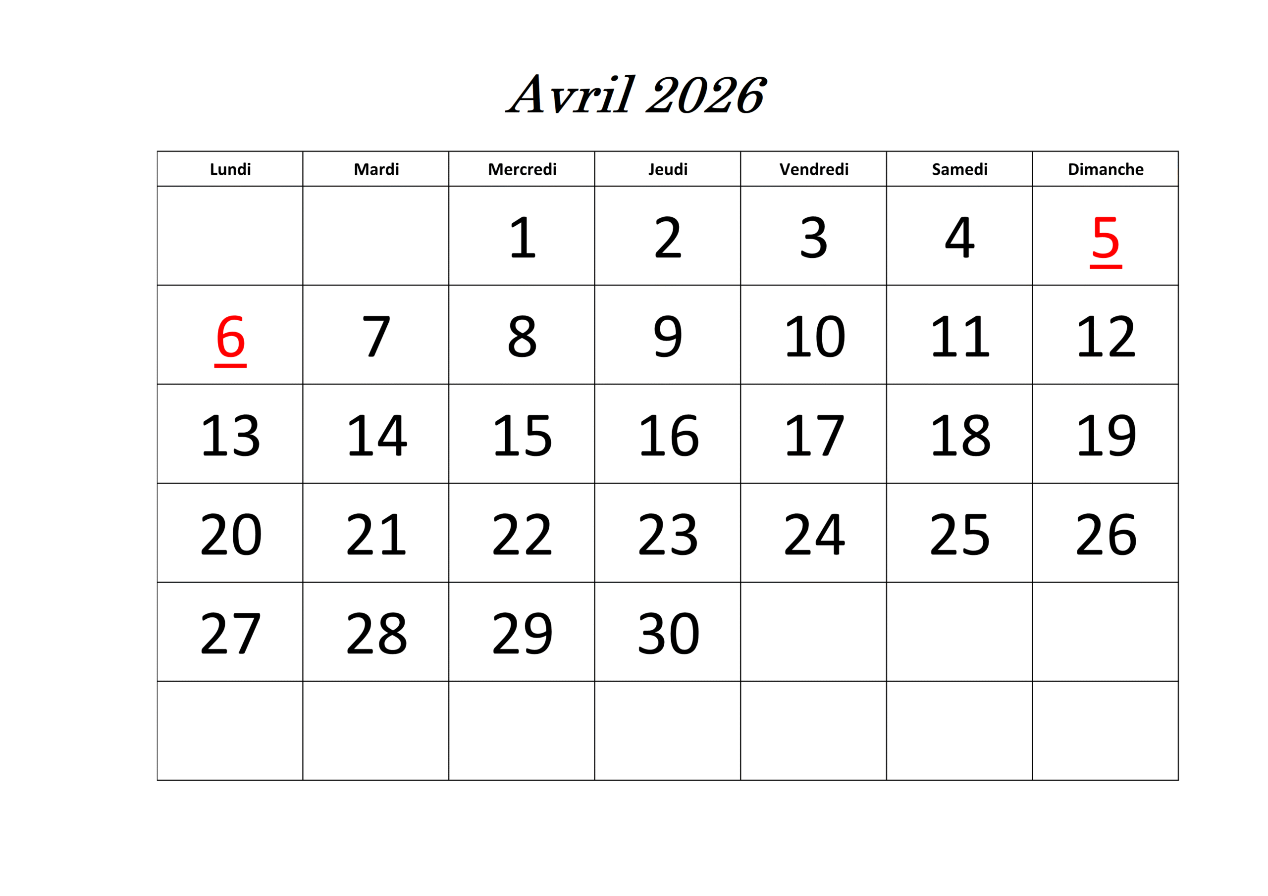 Calendrier Avril 2026