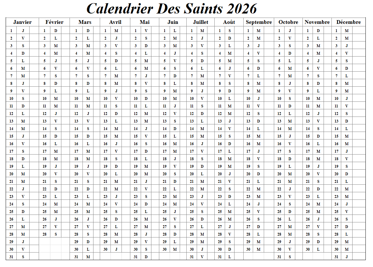 Calendrier Des Saints 2026 à imprimer