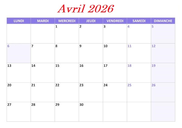 Calendrier Imprimable de Avril 2026