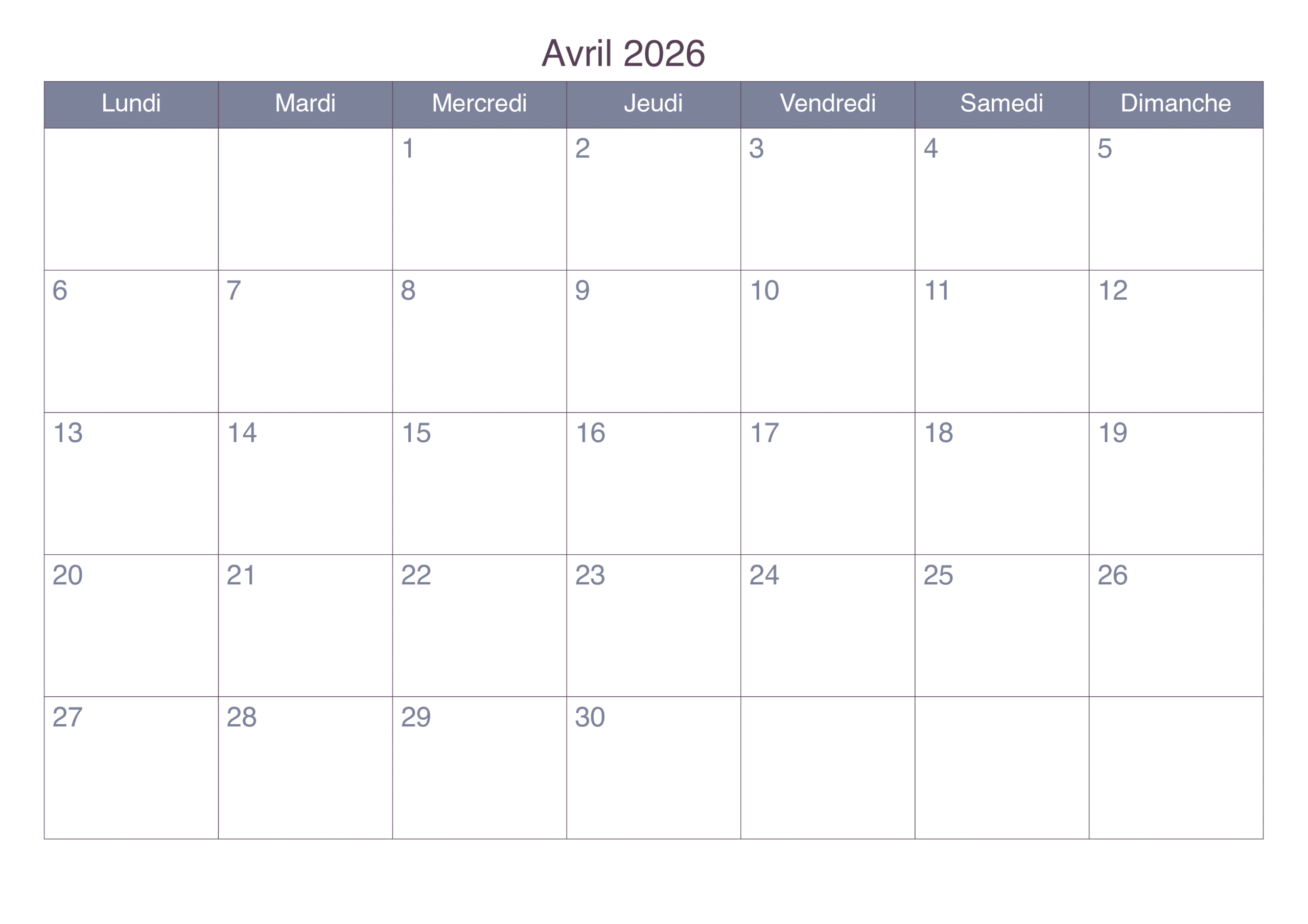 Calendrier Lunaire Avril 2026