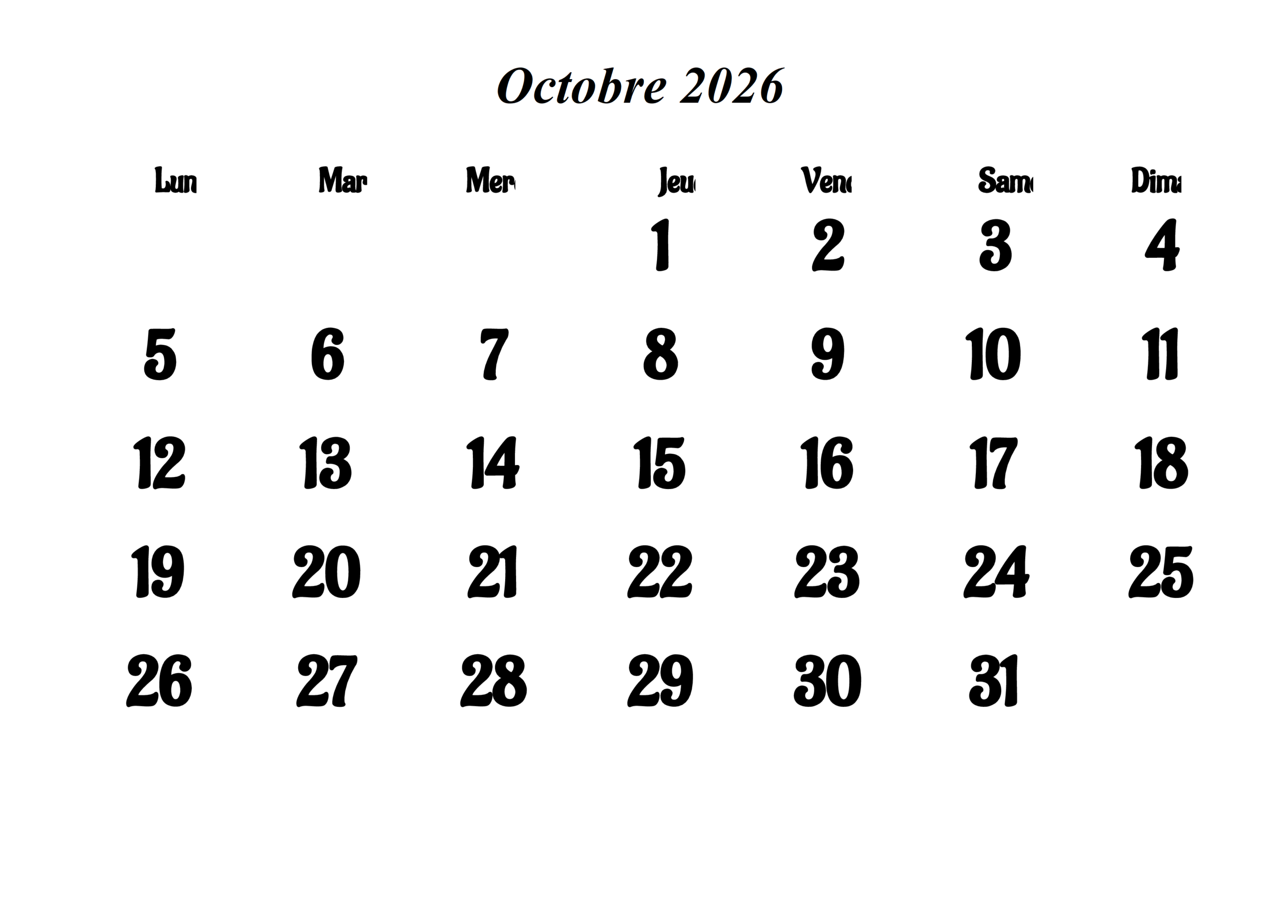 Calendrier Imprimable de Octobre 2026