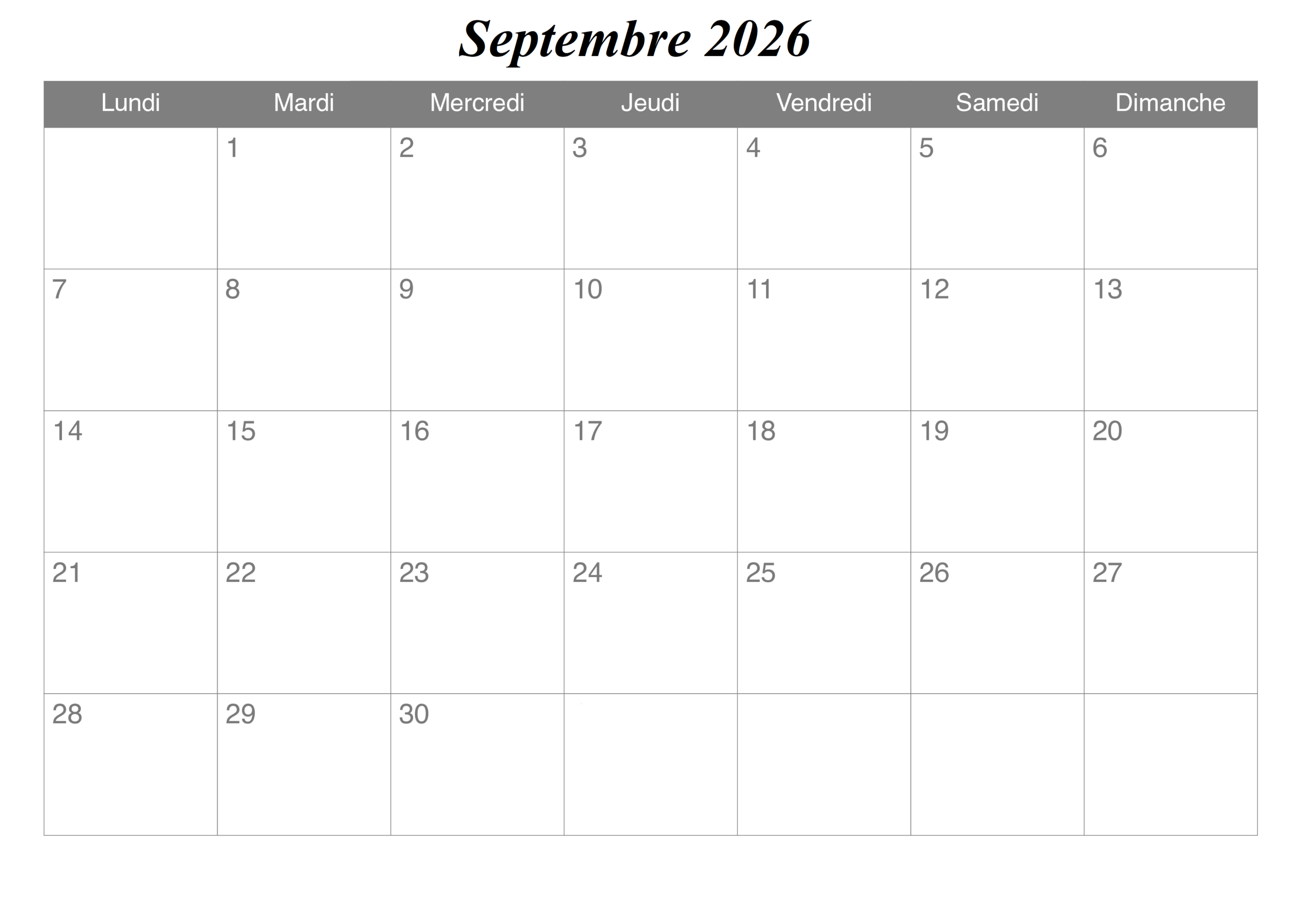 Calendrier Imprimable de Septembre 2026
