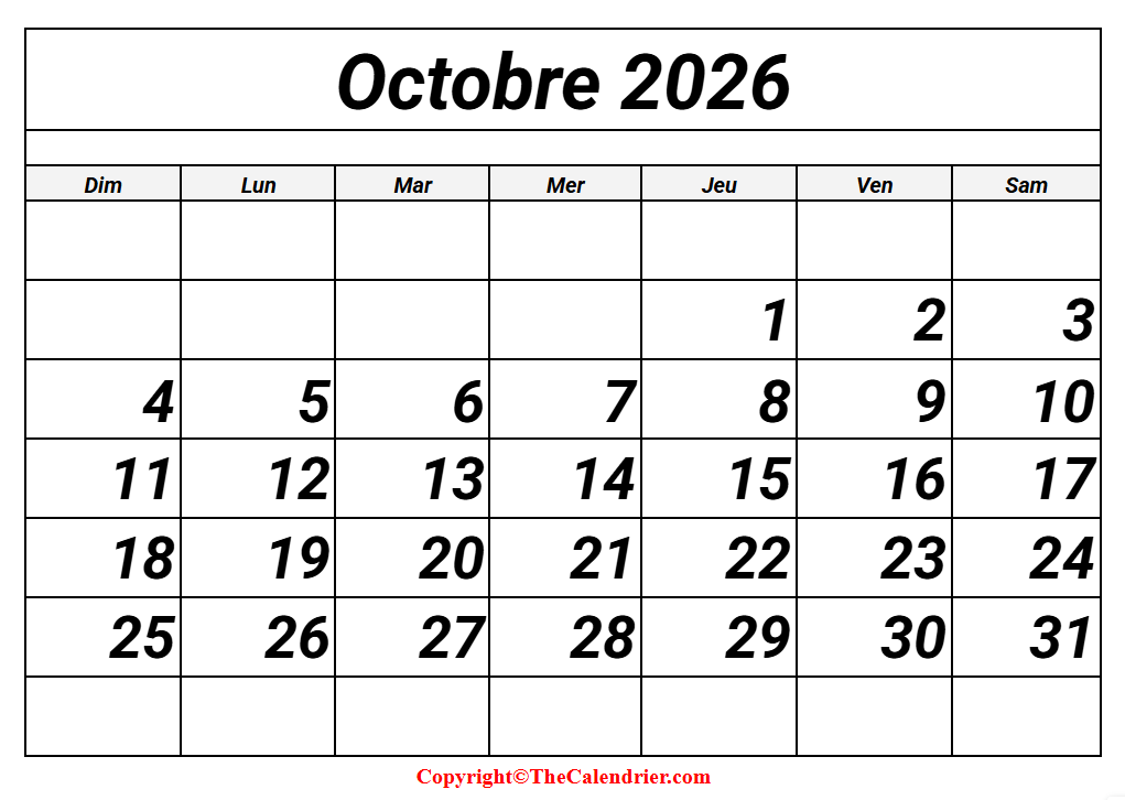 Calendrier Octobre 2026 PDF