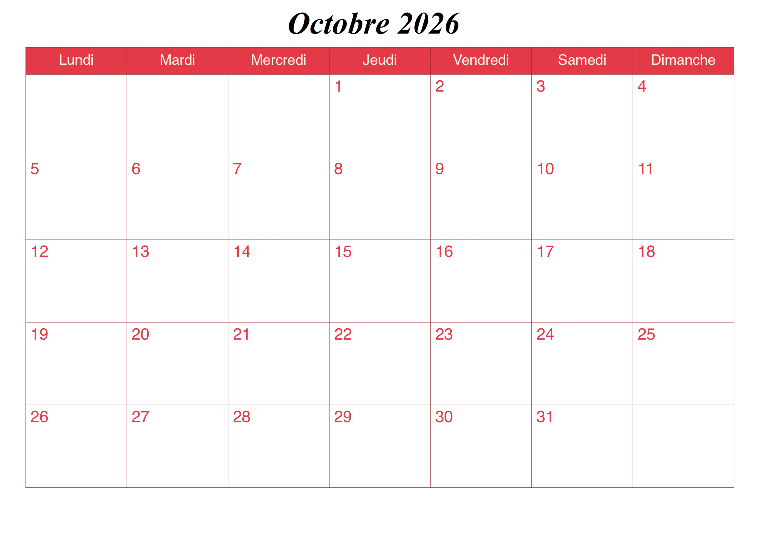 Calendrier Octobre 2026 à Imprimable