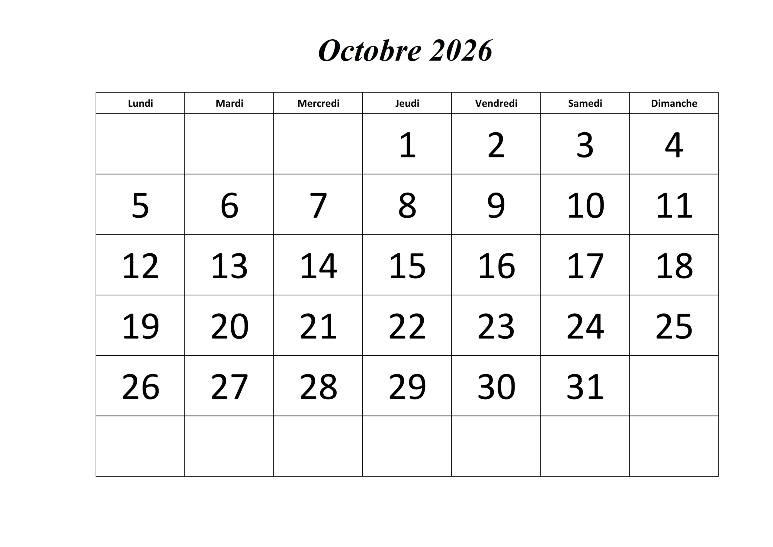 Calendrier Octobre 2026